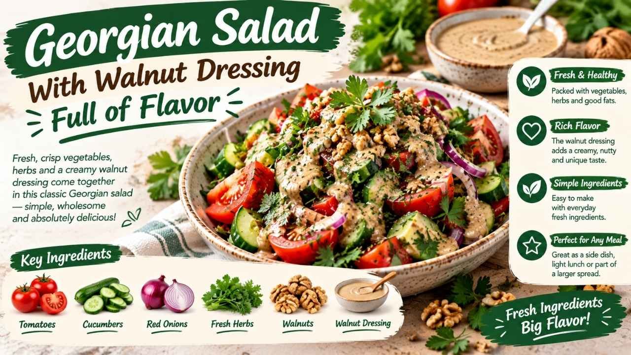 Georgian Salad With Walnut Dressing is a fresh and flavorful dish made with juicy tomatoes, crisp cucumbers, fresh herbs, and a rich walnut garlic dressing.