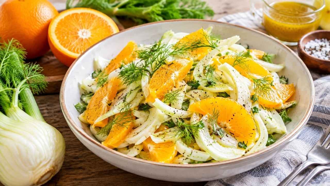Fennel and Orange Salad is a fresh, crisp, and colorful dish that brings together the sweet taste of juicy oranges and the light, crunchy texture of fresh fennel.