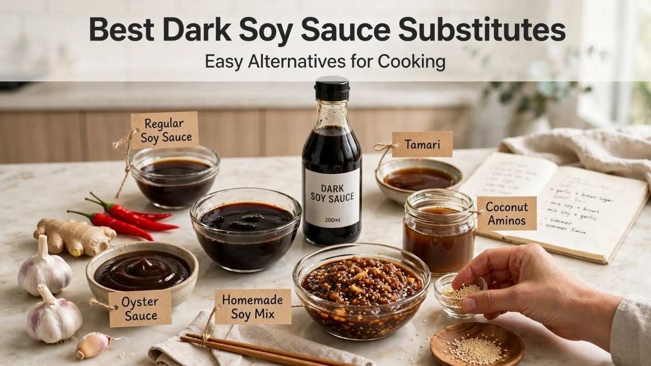 The best dark soy sauce substitutes is usually a mix of regular or light soy sauce with a little molasses and sugar.