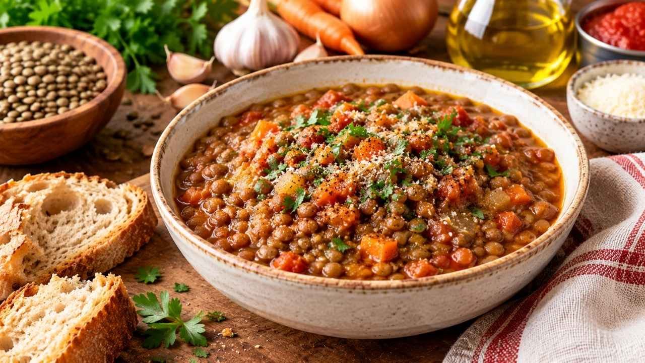 Italian Stewed Lentils, known in Italian as Lenticchie in Umido, are a simple, comforting dish made by gently cooking lentils with onion, carrot, celery, tomato, olive oil, herbs, and broth.